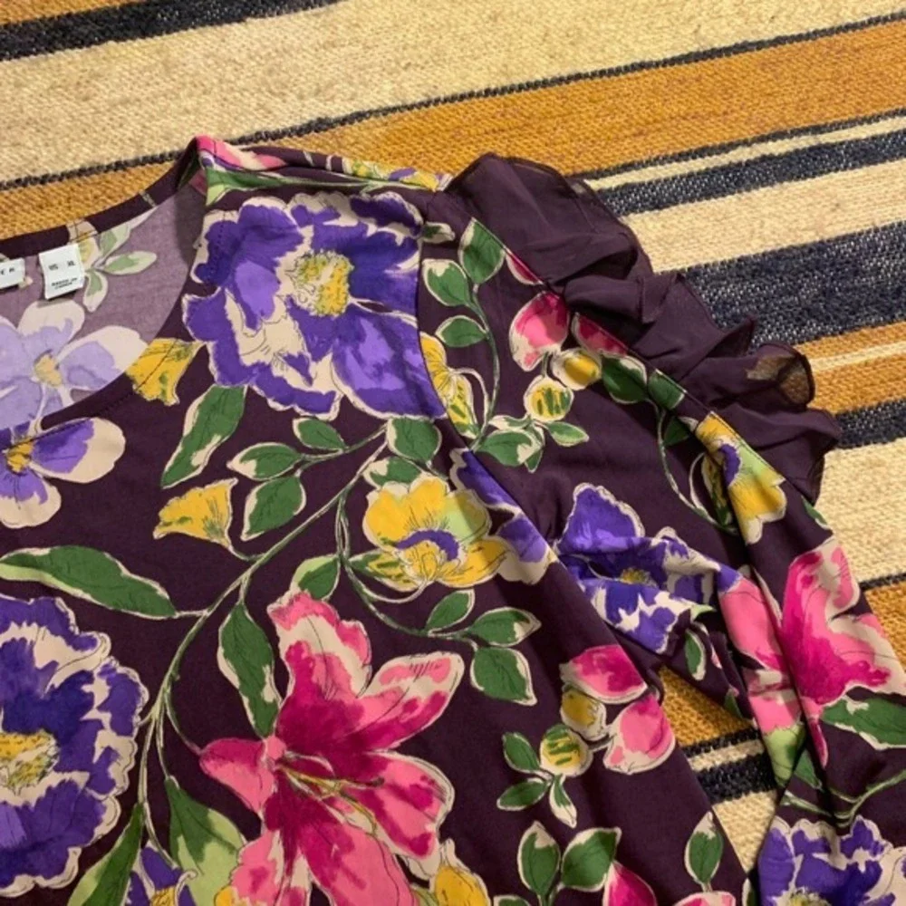Susan Graver Womens XL Purple‎ Floral Print Ruffled Sleeve Top Cottage Spring